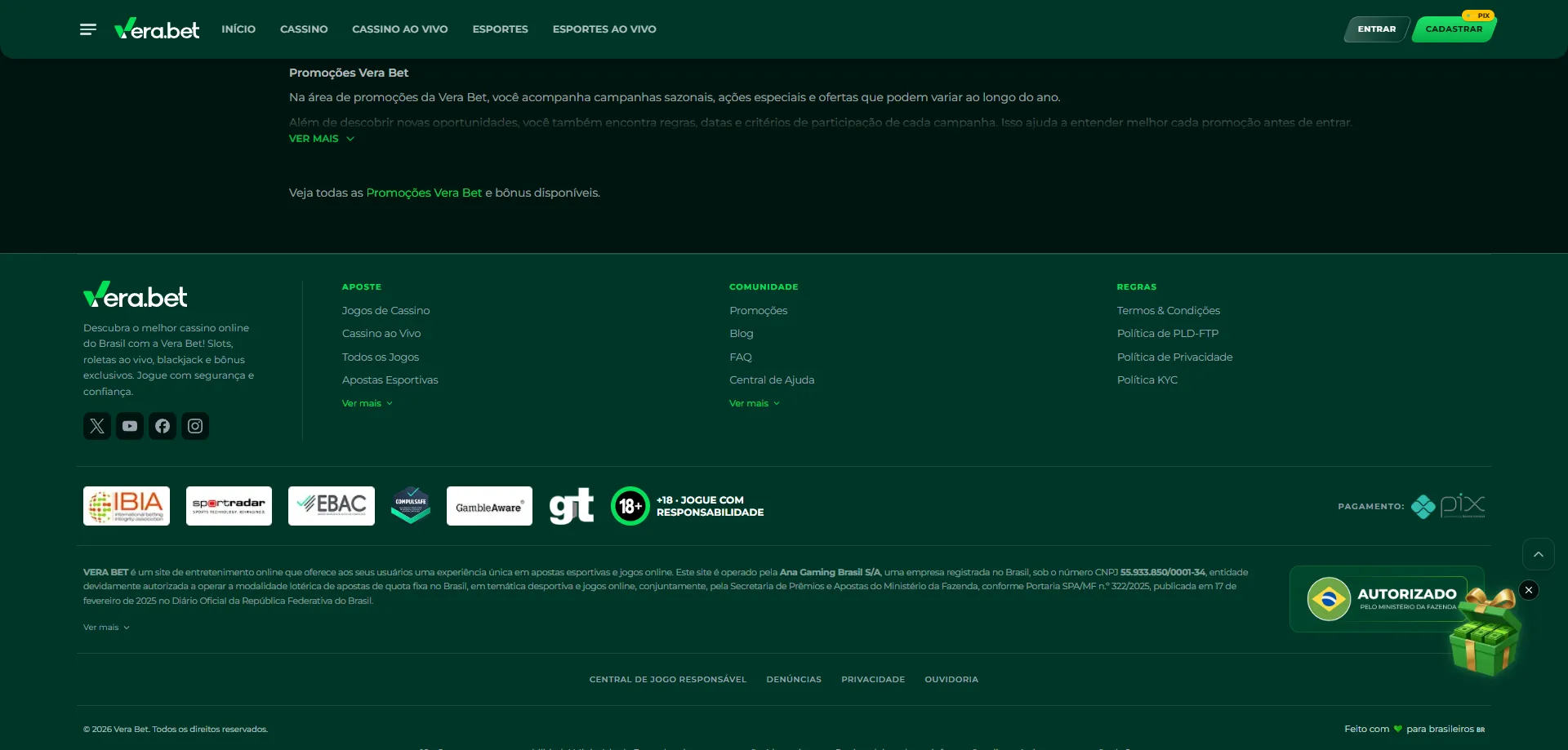 Depósito e saque via Pix na plataforma Verabet Brasil